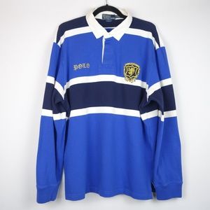 Vintage Ralph Lauren Blue & White Stripe Rugby Shirt w/ Embroidered Lion, Sz XL